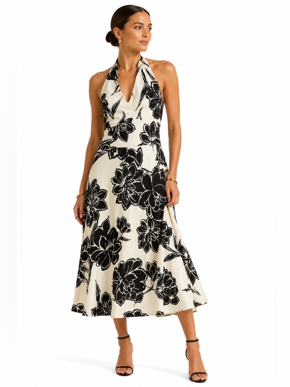 Ann Taylor Floral Halter Dress Black Ivory Fit Flare Party Wedding Guest 0